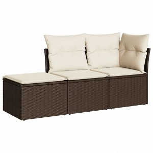 vidaXL Patio Sofa Set with Cushions Outdoor Furniture 3 Piece Poly Rattan - Brown and Cream - 1 of 4