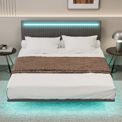 CAVINAS Full Size Bed Frame, Modern Upholstered Floating Bed Frame with LED Lights, Vertical Channel Design Velvet Fabric Bed