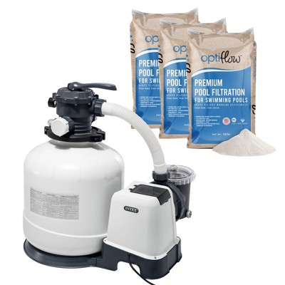 Intex 26651EG Krystal Clear 3000 GPH Sand Filter Pump for Above Ground Pools Bundled with OptiFlow 3 Pack Premium Pure Silica Filter Sand, 50 lb Bags