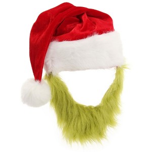 HalloweenCostumes.com One Size Fits Most   Dr. Seuss The Grinch Plush Santa Costume Hat with Beard, Red/Green - 1 of 4