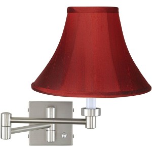 Possini Euro Design Modern Swing Arm Wall Lamp Brushed Nickel Plug-In Light Fixture Deep Red Dupioni Silk Bell Shade for Bedroom - 1 of 4