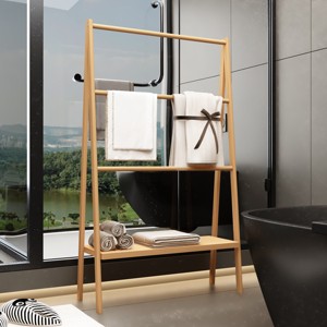 Modern Bamboo Garment Rack,Ladder Towel Rack with Storage Shelf,Freestanding Clothing Organizer For Bedroom Bathroom-Cuddlewood - 1 of 4