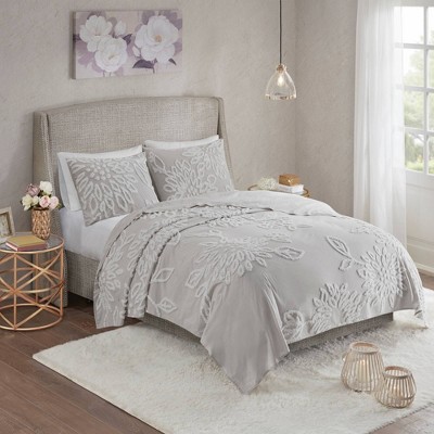 Danica Full/Queen 3pc Tufted Cotton Chenille Floral Coverlet Set Gray/White