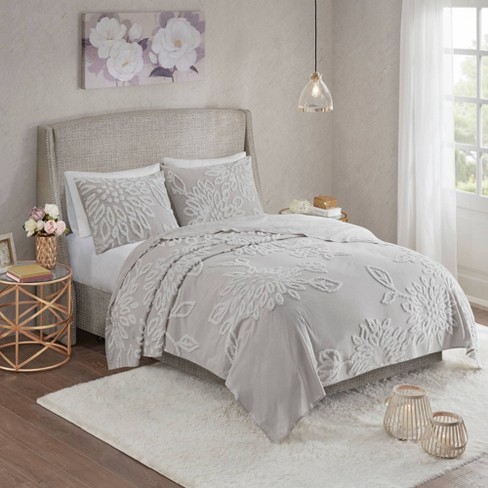 Danica 3pc Tufted Cotton Chenille Floral Coverlet Set Gray White