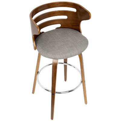 Cosini Walnut Wood and Gray Swivel Barstools with Chrome Footrest, Set of 2