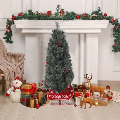 Prelit Snow Flocked Christmas Tree with Sleigh Ride Base, Artificial Xmas Tree with 200 Lights, 12 Ball Ornaments, Artificial Tree for Home Office