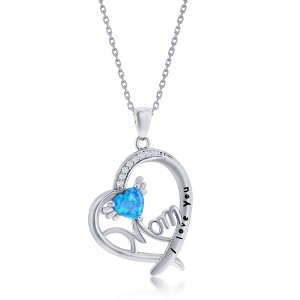 Opalata Sterling Silver 'I Love You, Mom' Angel Wing, CZ Heart 18" Pendant Necklace - Blue Opal - Blue - 1 of 2