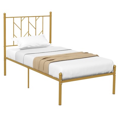 Infans Twin Size Metal Platform Bed Frame Vintage Headboard Mattress Foundation Gold