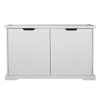 White and Walnut Wooden Cat Litter Box Storage Bench