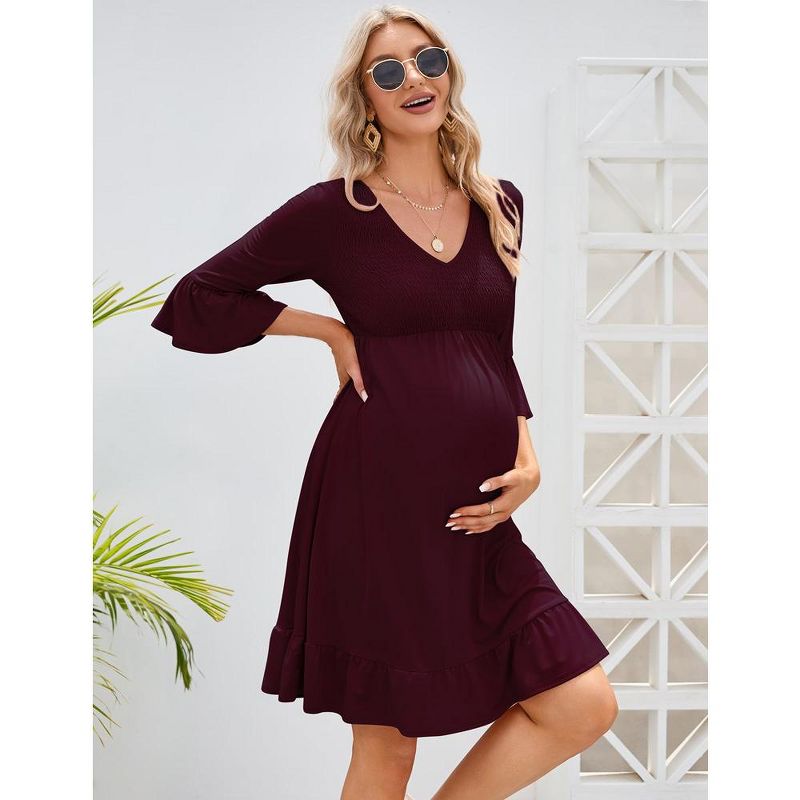 Women's Maternity Smocked 3/4 Sleeve Boho Dress V Neck Fall Casual Ruffle Flowy Midi Dress for Baby Shower Photoshoot, 4 of 8