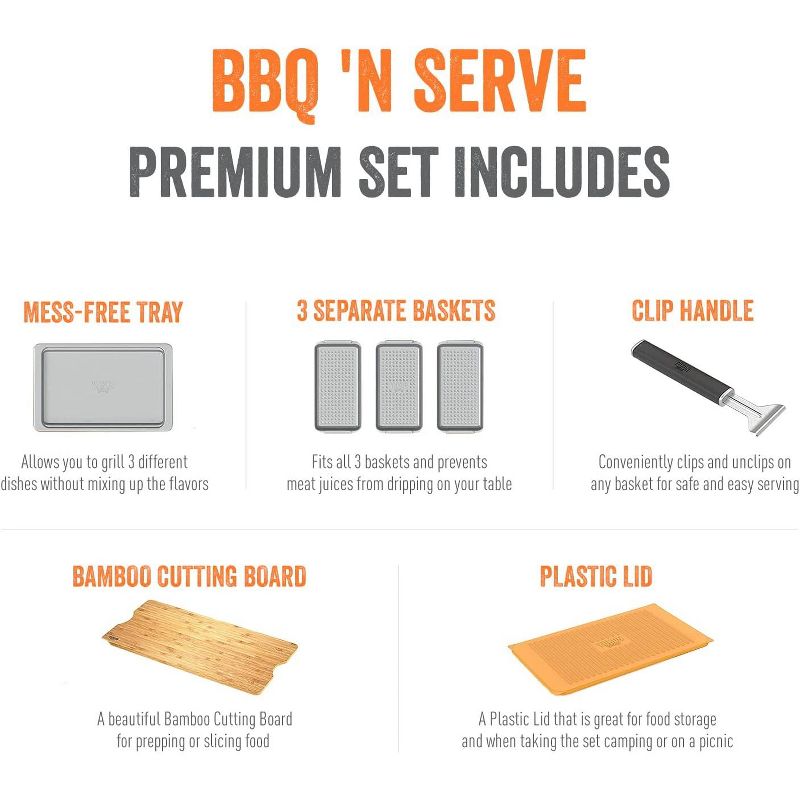 Yukon Glory BBQ 'N SERVE Premium Set, Includes 3 Grill Baskets, Serving Tray, Bamboo Cutting Board, Plastic Lid and Clip-on Handle, 2 of 8