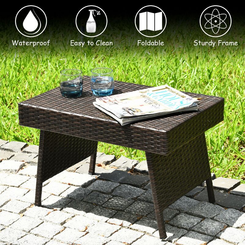 Costway Patio Folding Wicker Side Coffee Table Poolside Garden Lawn Bistro Furniture, 4 of 10