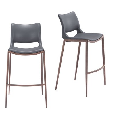 HomeRoots Set of Two 29" Dark Gray and Walnut Faux Leather and Steel Low Back Counter Height Bar Chairs