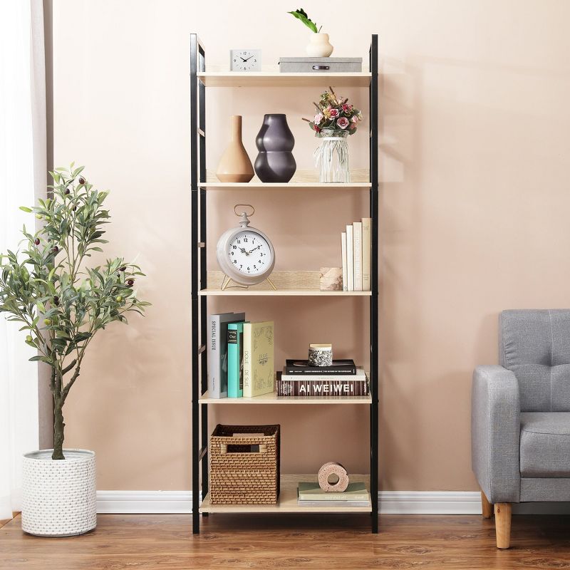 LuxenHome 5-Shelf 63" H x 23.62" W Wood and Metal Etagere Bookcase Brown, 2 of 11