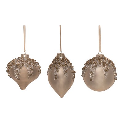 Transpac Glass Beaded Top Metallic Ornament Set of 3 Christmas Home Decorations