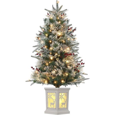 3 Ft Pre-Lit Christmas Tree With 78 LED Lights, Artificial Tree With Snowflakes and Red Berries, For Home, Porch, Office, Party, White