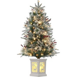 3 Ft Pre-Lit Christmas Tree With 78 LED Lights, Artificial Tree With Snowflakes and Red Berries, For Home, Porch, Office, Party, White - 1 of 4