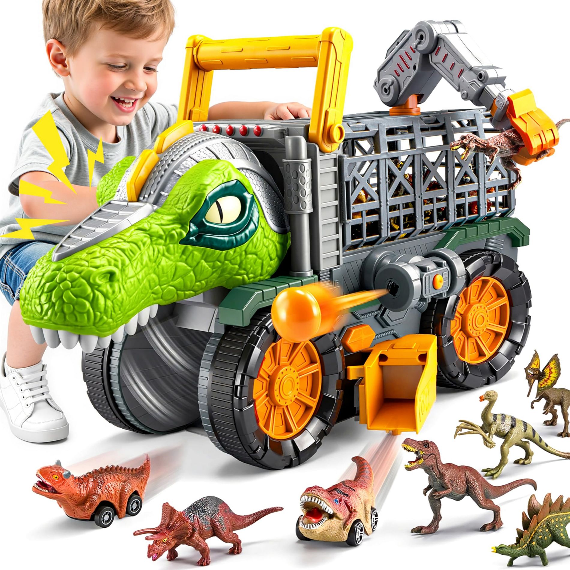 Joyfy Dinosaur Truck Toys for Kids 3-5 Big Car Toy with Chambers Shooting Darts Crane Arm Toddler Birthday Gifts for Boys Girls 3-4-5 Year Old