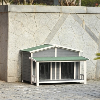 VisioGear 47.2" Large Wooden Dog House Outdoor, Outdoor & Indoor Dog Crate, Cabin Style, With Porch, 2 Doors, Gray, 47.2"*37.4"*32"
