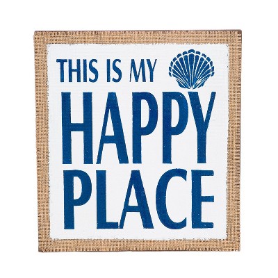 Beachcombers Happy Place Burlap Coastal Plaque Sign Wall Hanging Decor Decoration For The Beach 11 x 1 x 12 Inches.