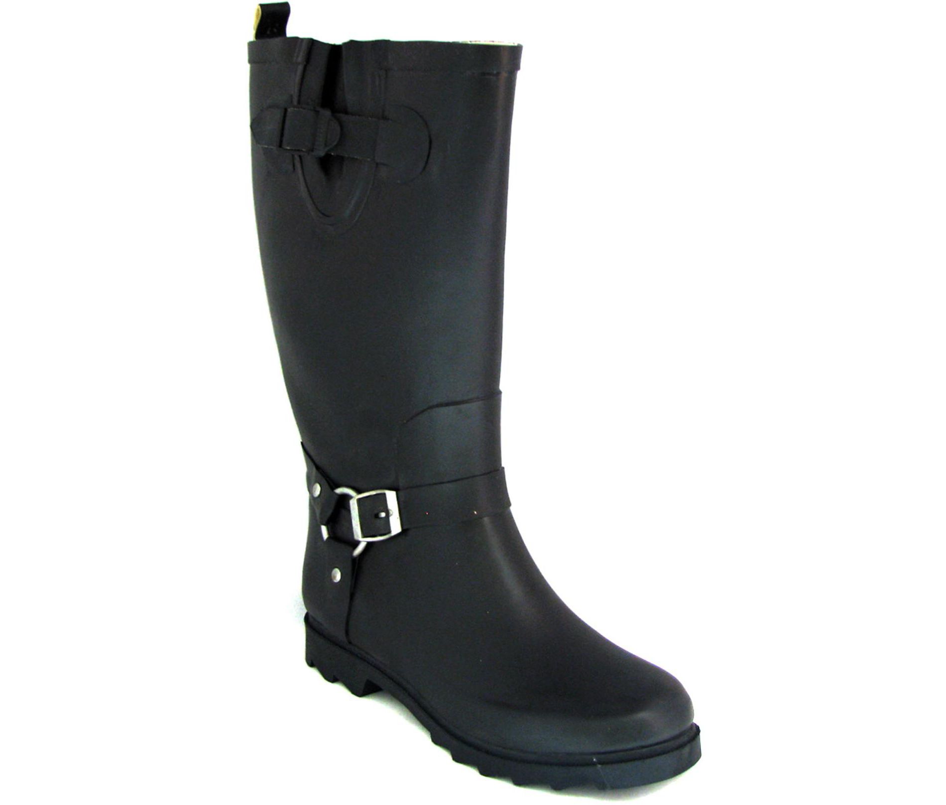 Women's Black Rubber Rain Boots Harness Motocycle Mid-calf Black