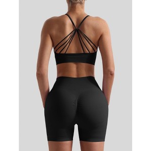 Women Seamless Breathable Yoga Wear Two-Piece Set Solid Shoulder Strap Sports Bra High-Waisted Shorts Set - 1 of 1