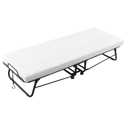 HOMCOM Folding Bed with 4" Mattress, Portable Foldable Guest Bed with Memory Foam, Sturdy Steel Frame and Wheels, White
