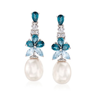 Ross-Simons 8.5-9mm Cultured Pearl and 2.30 ct. t.w. Blue and White Topaz Drop Earrings in Sterling Silver