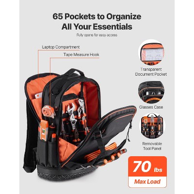 VEVOR Tool Backpack, 65 Pockets, Heavy-duty Tools Storage Organizer Work Bags with Laptop Compartment & Molded Base, Black+Orange — фото 3