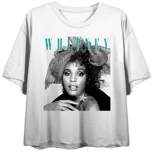 Whitney Houston Classic Photo Print Crew Neck Short Sleeve Women's White Crop T-shirt - 1 of 3