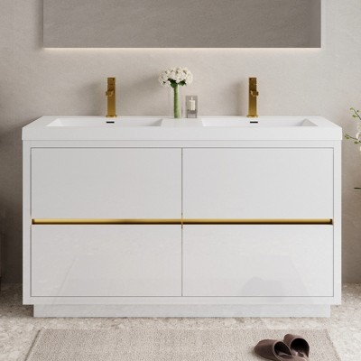 GlasFlength Bathroom Storage Cabinets, Freestanding, Open shelving Bathroom Vanity，Assembly Required, White, 59"*19.75"*35.5"