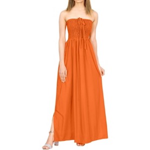 LA LEELA Women's House Daily Routine Evening Wear Solid Smocked Top Maxi Slit Dress Casual Strapless Tube Dresses for Women - 1 of 3