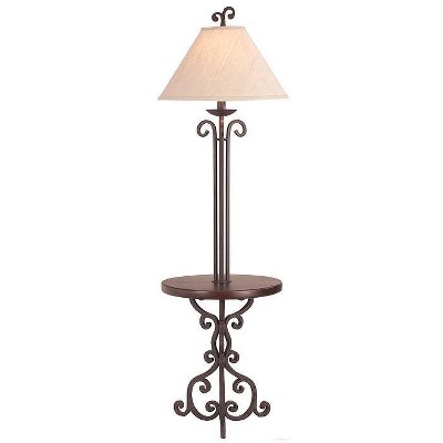 Franklin Iron Works Traditional Floor Lamp with Table Iron Rust Scroll Wooden Off White Flared Bell Shade for Living Room Reading