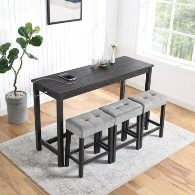 Solid Wood+Mdf Bar Table With Power Outlet, Bar Table And Chair Set, 4-Piece Dining Table Set, Industrial Breakfast Table Set For Living Room