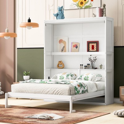 NicBex Queen Size Murphy Bed 89.8" Wooden Queen Bed Frame Morden Hideaway Wall Bed with Storage Shelf for Apartment