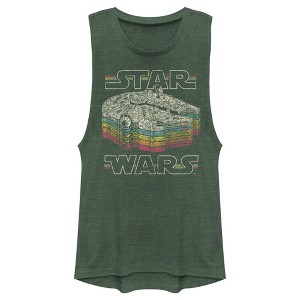 Juniors Womens Star Wars: Episode IV - A New Hope Millennium Falcon Retro Rainbow Stack Festival Muscle Tee - 1 of 4
