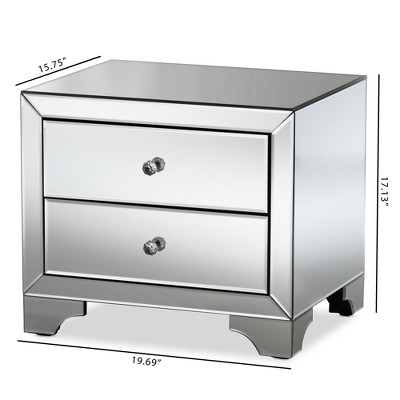 Elegant Silver Mirrored 2-Drawer Nightstand with Crystal Handles