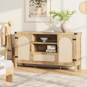 59.1" Rattan Storage Buffet Cabinet with Doors and Drawer, Boho Farmhouse Coffee Bar Sideboard, Adjustable Shelves and Handles, For Kitchen - 1 of 4