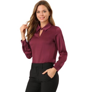 INSPIRE CHIC Women's Satin Long Sleeve Keyhole Collared Blouse - 1 of 4
