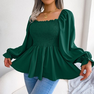 Whizmax Women's Casual Square Neck Shirred Lantern Long Sleeve Frill Trim Flared Hem Blouse Shirt Top