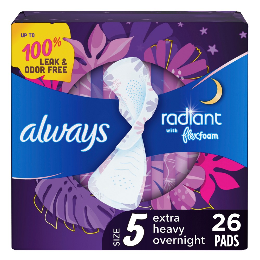 Always Radiant Extra Heavy Absorbency Overnight Sanitary Pads with Wings - Scented - Size 5 - 26ct