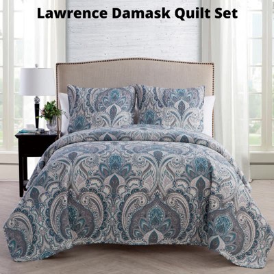 Lawrence Blue Microfiber Reversible Full Quilt Set