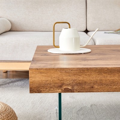 Vynxaria Walnut Square Coffee Table with Tempered Glass Legs - Modern & Elegant Design