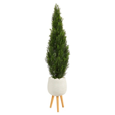 Nearly Natural 5-ft Cedar Artificial Tree In White Planter With Stand ...