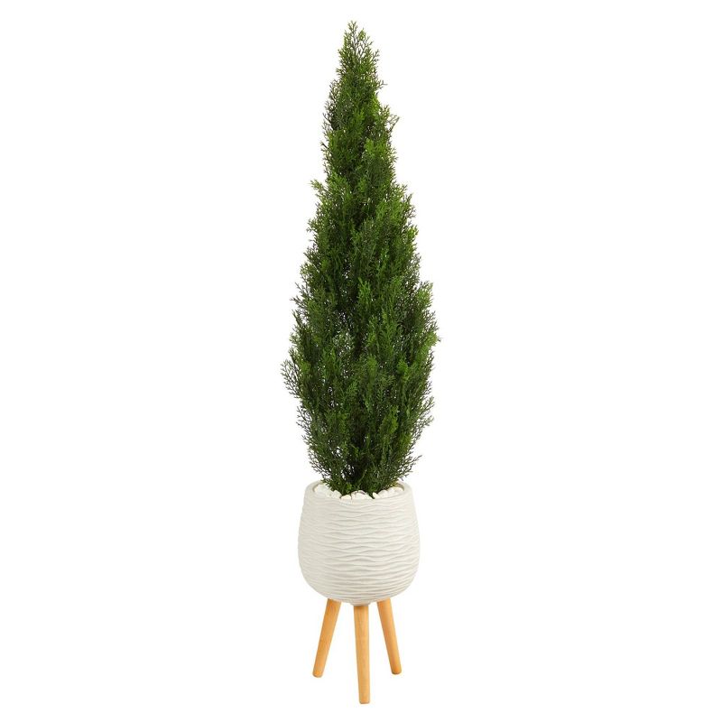 Nearly Natural 5-ft Cedar Artificial Tree in White Planter with Stand (Indoor/Outdoor), 1 of 5