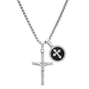 Steeltime 24" Men's stainless steel cross and black enamel round pendants - 1 of 4