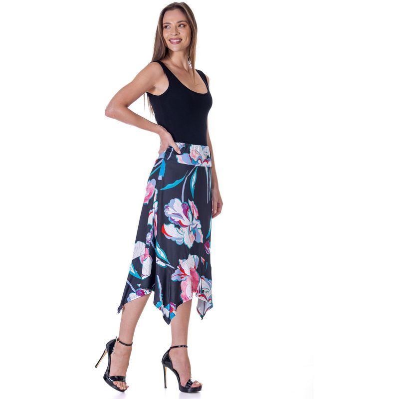 24seven Comfort Apparel Womens Elastic Waist Floral Knee Length Handkerchief Hemline Skirt, 5 of 7