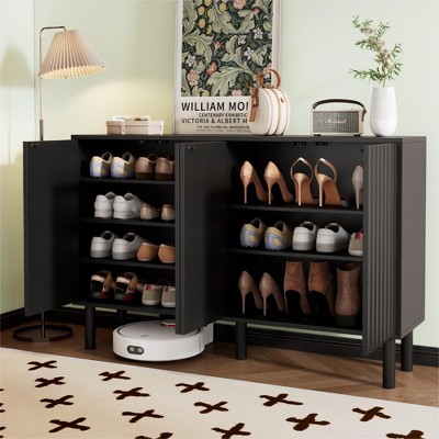 TIRAMISUBEST Shoe Cabinet Shoe Rack with 5 Solid Wood Legs, Sideboard Buffet Cabinet with Fluted Doors,4-Door Storage Cabinet with Adjustable Shelves