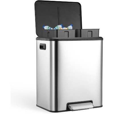homfan Dual Trash Can for Recycling and Trash, 2 x 15 L (30 L) Stainless  with Lid and Foot Pedal