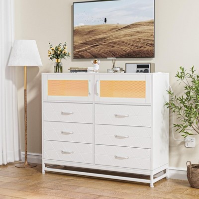 Dresser for Bedroom with 2 Shelves, 6 Drawers Dresser with LED Lights & Charging Station, Modern Chest of Drawers for Bedroom, Entryway